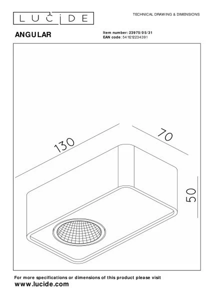 Lucide Premium ANGULAR - Spot plafond - LED Dim. - 1x6W 2700K - Blanc - technique